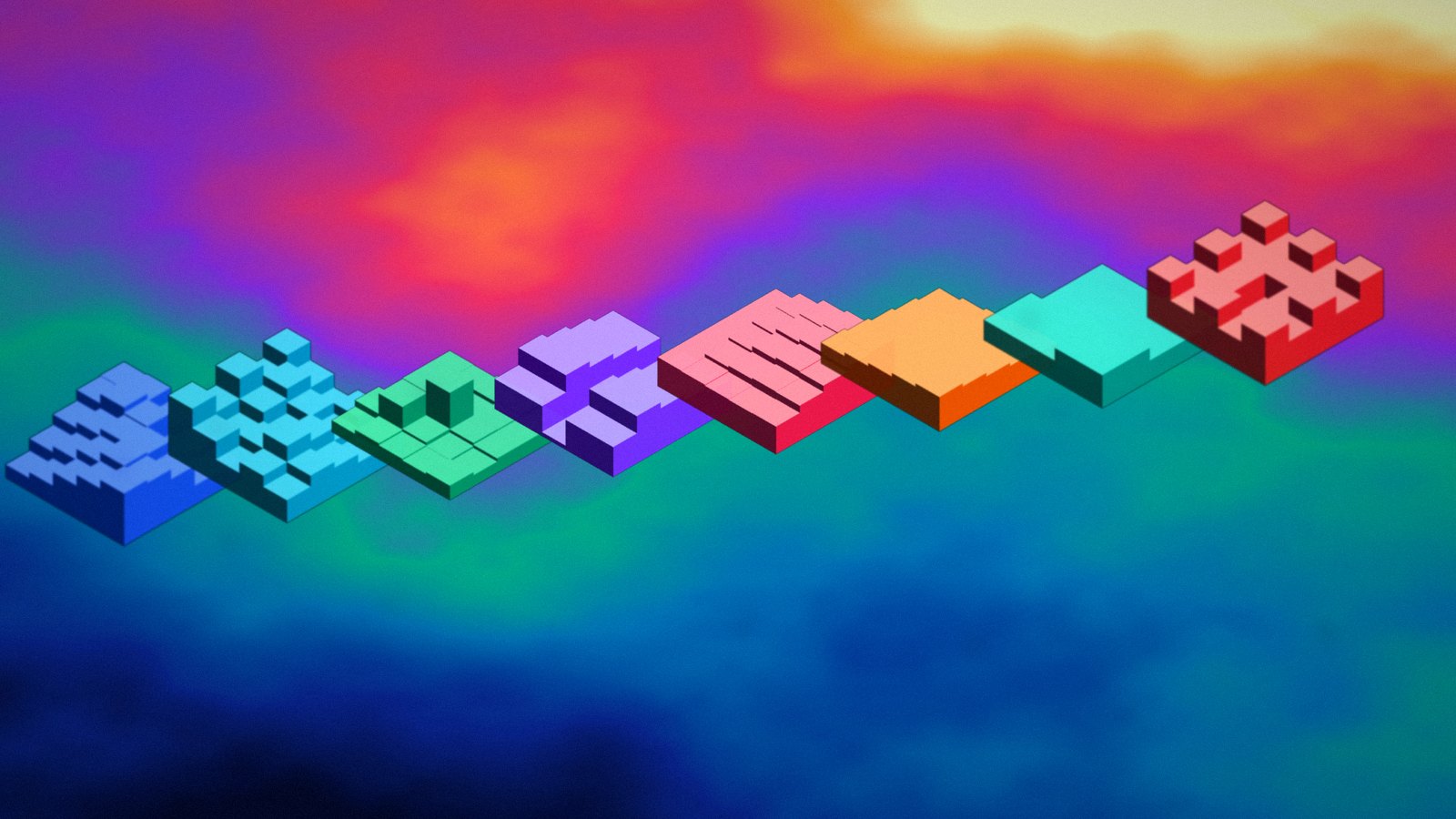 One continuous isometric ridge of eight coloured structures, one for each AIREX platform — a production line, a sensor field, an inspection lot, warehouse racking, a ward, a workforce staircase, campus terraces and a security lattice.
